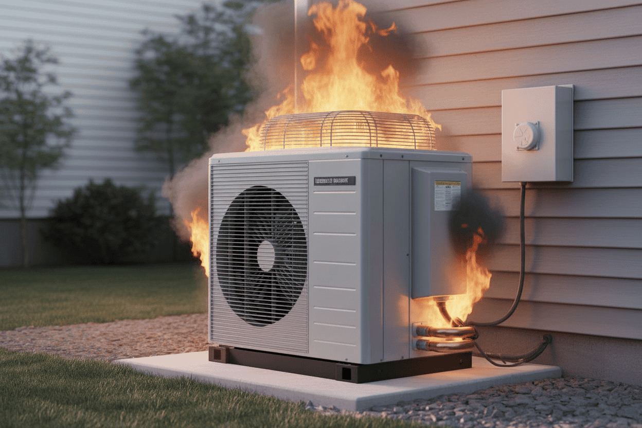 heat pump with fire and no visible copper pipes